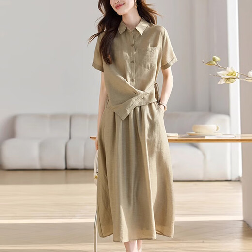 
XAE luxury high-end brand short-sleeved dress for women 2025 summer new POLO collar fashionable casual shirt suit skirt apricot color L [Suggested 115-125Jin [Jin equals 0.5 kg]]