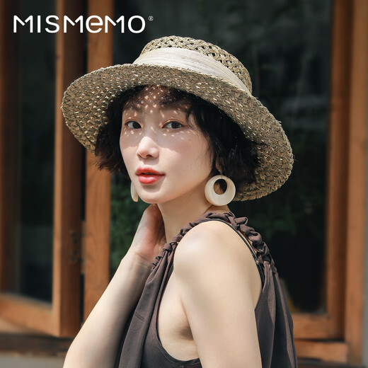 MISMEMO French holiday straw hat for women 2025 new spring and summer hollow saltwater straw travel flat brim sun hat, straw brown color
