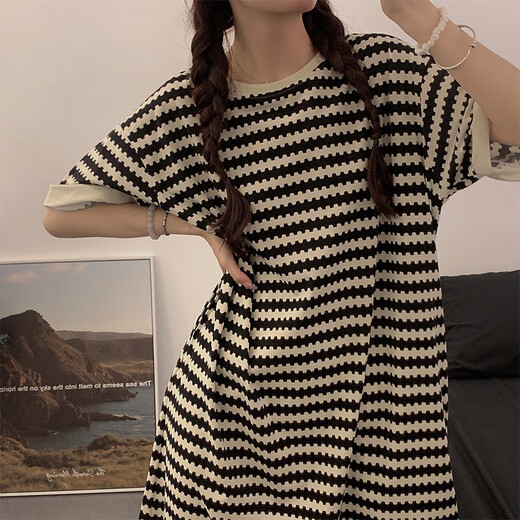 
Yalu Bingsi nightgown for women in summer loose and casual can be worn outside 2025 new short-sleeved home clothes pajamas with chest pad LMSJ1105 breastless pad Pure cotton spring and summer style M 160 90-100Jin[Jin equals 0.5 kg]