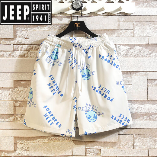 JEEP SPIRIT Hawaiian Ice Silk Shorts Men's Summer Thin Trendy Brand Printed Beach Pants Loose Large Size Casual Sports Crispy Pants DK693 M