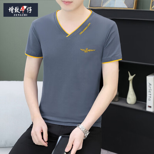 增致牛仔（ZENGZHI）夏季男士短袖t恤纯棉v字领潮流修身半截袖青年休闲上衣服薄款汗衫 黑色 QY693 M