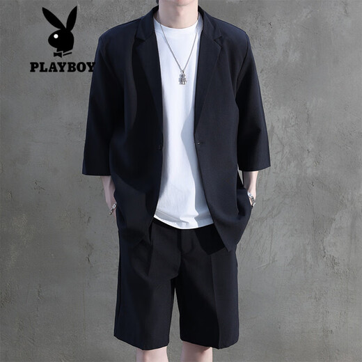 
Playboy (PLAYBOY) 2-piece short-sleeved suit for boys 2025 summer new suit jacket with five-point trousers for men dark gray S