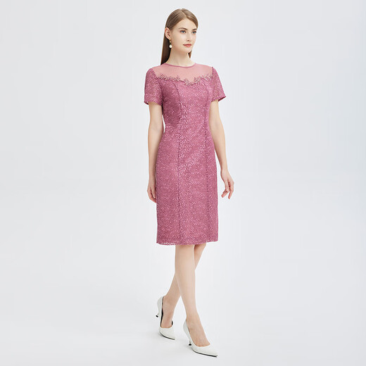 Ma Tiannu Spring and Summer New Pink Embroidered Lace Short Sleeve Dress Gown Hip MTS738DR0 Pink S