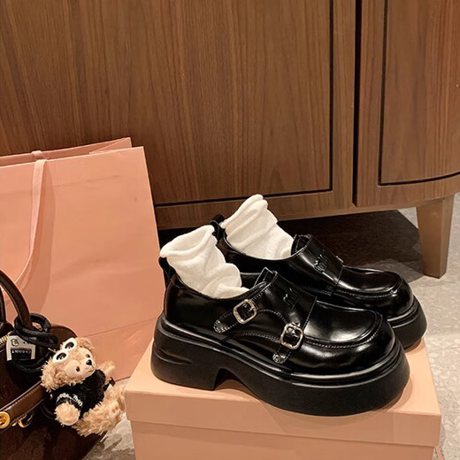
Belle's Spring 2025 new double buckle round toe British style plus velvet thick sole loafer small leather shoes women's P1048-3 black 35