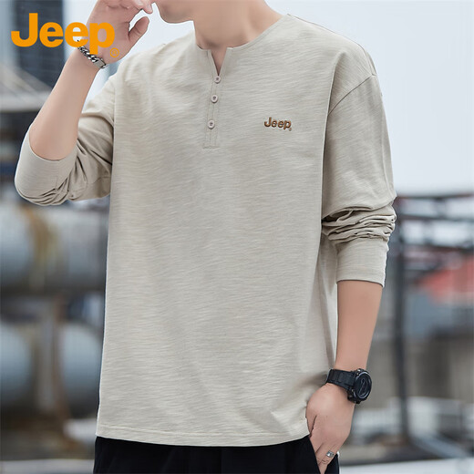 Jeep (JEEP) long-sleeved T-shirt men's autumn and winter solid color casual loose bottoming shirt trendy tops men's apricot XL