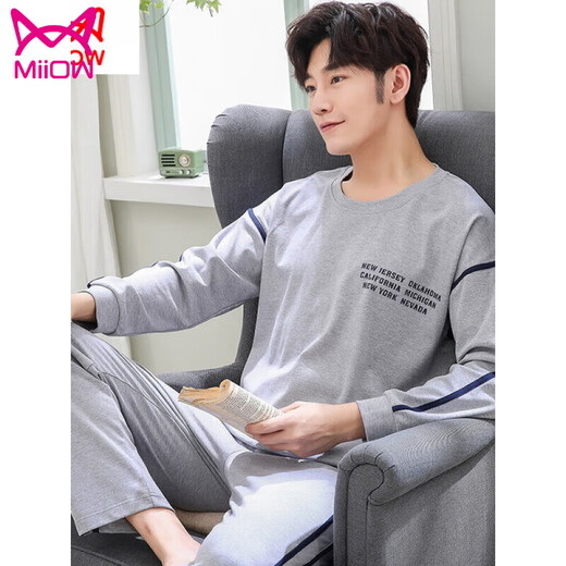 Cat Man (MiiOW) Sleeping Men Spring and Autumn Pure Cotton Long Sleeve Teenager Student Full Cotton Large Size Leisure Summer Thin Home Clothing Set Q6627 Hollow C Letter M Men's Model [80-120Jin [Jin equals 0.5 kg]]