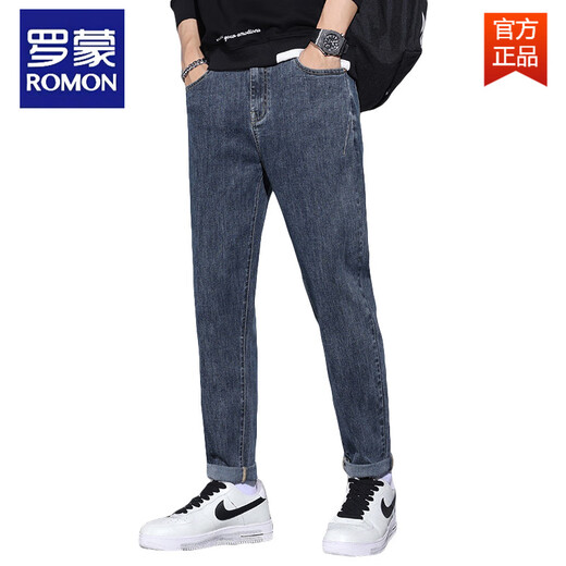 ROMON autumn jeans men's loose straight-leg trendy brand men's new elastic casual trousers spring and autumn casual jeans 6621B black style plus velvet 36