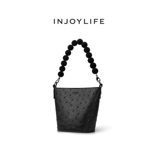 INJOYLIFE小包包鳄鱼纹水桶斜挎包珍珠链手拎手提口红包 迷你鸵鸟桶包