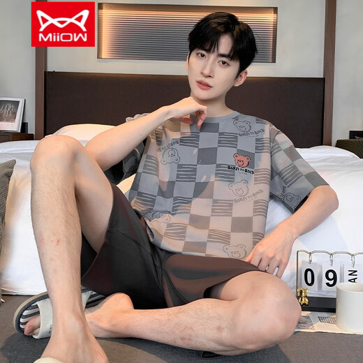 
Catman (MiiOW) pure cotton pajamas men's summer short-sleeved shorts for young students thin summer large-size pure cotton home clothing set D1996 (A679) L (110-130Jin [Jin equals 0.5 kg])