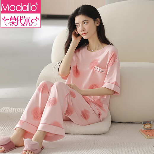 Modal round neck pullover cotton pajamas for women spring and summer short-sleeved trousers suit casual loose and lazy can be worn outside sweetly 9715 M