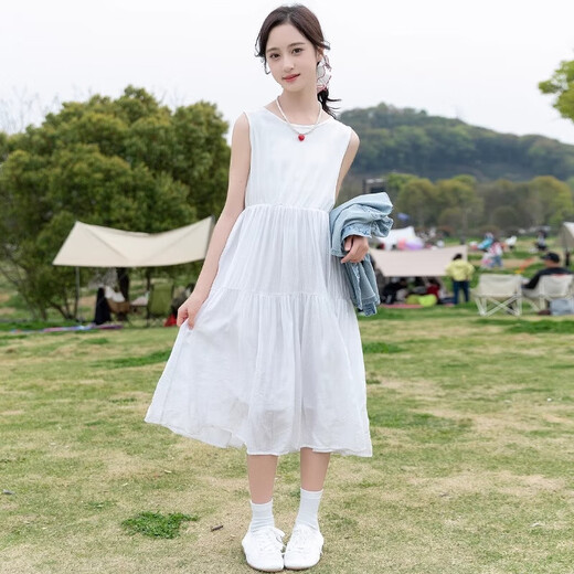 奥特曼儿童装女童连衣裙夏装新款洋气公主裙夏季时髦大童牛仔裙两件套S 白色两件套 110 cm