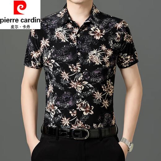 皮尔卡丹（pierre cardin）夏季新款冰丝短袖花衬衫男高级感免烫抗皱休闲印花衬衣中年爸爸装 9898黑色 XL 175【140-160斤】