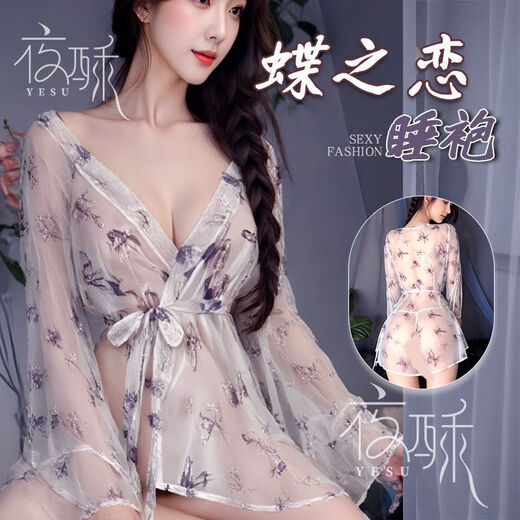 夜酥性感蝴蝶印花透视系带深V开襟和服睡袍睡衣6227 古印花外袍 均码