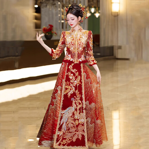 枝己秀禾服婚纱新娘主纱高档2025新款订婚服装新中式结婚礼服敬酒服 HF063 S