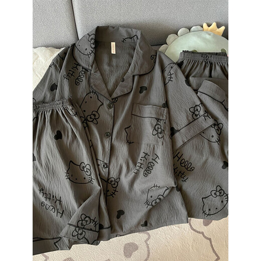 Catman Miiow2025 Neuer schwarzer grauer Höllen-Pyjamas für Frauen im Sommer im Sommer Pure Cotton Gaze Kurzärärmelte niedliche Heimkleidung Drei-teilige Set Yunduo Cotton-9905# Black Love Drei-teilige Set M [Vorschlag 75-100jin [Jin gleich 0,5 kg]]