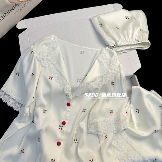 UKUHPKins小樱桃蕾丝边睡衣女夏季三件套短袖短裤长裤家居服薄 LW-9214【短袖短裤】 XL 【建议120-135斤】