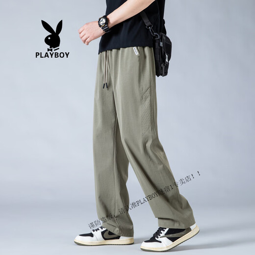Playboy (PLAYBOY) Mesh-Hose aus atmungsaktiver Eisseide für Herren, neue Sommer-coole, schnell trocknende Anti-Mücken-Hose für Herren, gerade, lockere Freizeit-Sporthose K6636, Militärgrün, 2XL (ca. 140–160 Jin entspricht 0,5 kg, kann getragen werden)