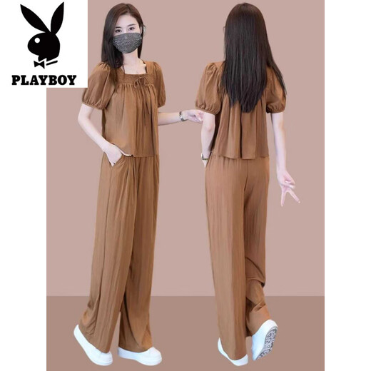 Playboy (Playboy) Ice Seide Weitbeinhosenanzug für Frauen 2025 Sommer Internet Promi Fashion Temperament Alter reduzierende Chiffonhosen zweiteilige Set braune Farbe [Top + Hosen] Ice Seide Zwei-teilige Set-Flag M empfohlen 80-100jin [Jin gleich 0,5 kg]