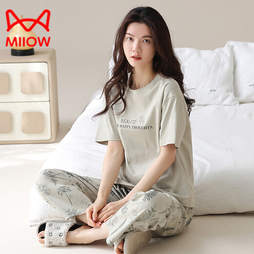 猫人（MiiOW）睡衣女夏季纯棉短袖长裤薄款全棉夏天女士家居服套装春秋季 YZT9721 短.袖长.裤 主图款 M 80-100斤