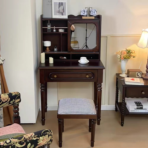 Jiatrin American mid-century style black walnut color solid wood dressing table with stool dressing mirror bedroom light luxury simple dressing table dressing table + stool length 800*width 400*height 1370 mm