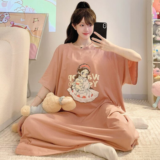 S.SOFEA夏季特大码睡衣宽松棉质短袖睡裙甜美卡通胖mm家居服 S1369#兰色 185 XXL