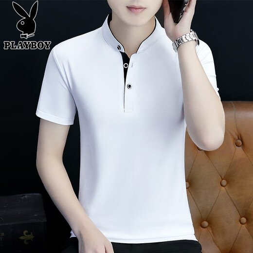 
Playboy (PLAYBOY) high-end stand collar white cotton short-sleeved T-shirt men's summer solid color V-neck sweatshirt trendy top men's polo. White Q691 short sleeve M Recommended 95-115Jin [Jin equals 0.5 kg]