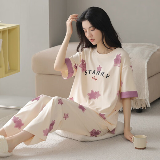 雅鹿新款睡衣女春夏季新疆棉短袖长裤薄款棉可爱学生家居服女套 XYZ9720 M