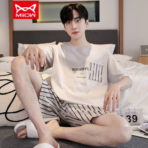 
Catman (MiiOW) pure cotton pajamas men's summer short-sleeved shorts for young students thin summer large-size pure cotton home clothing set D1996 (A679) L (110-130Jin [Jin equals 0.5 kg])