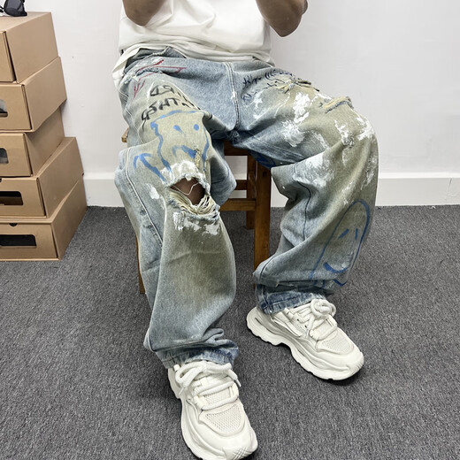 Smyslenny轻奢侈新品牌美式高街潮牌涂鸦泼墨嘻哈破洞牛仔裤男水洗浅蓝色宽 浅蓝色_H3897 S _105-125斤