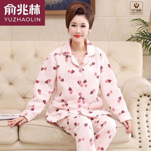 俞兆林夹层棉睡衣女中年妈妈纯棉长袖中老年家居服春秋冬季加厚保暖套装 LH3887 L 建议体重100-120斤