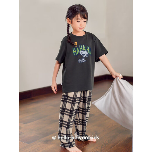 Benny Bear Bear Children's Pajamas Summer Pure Cotton Short Sleeve Trousers Plaid Snoopy Parent-Child Set Girls Large Size Home Clothing TD1105 (can be worn by both boys and girls) 120 (size 10)