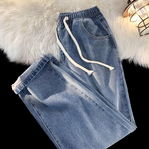 Velvet Thickened Straight Jeans Women's Winter 2025 New Small Wide Leg Cotton Elastic Waist Autumn and Winter Pants Retro Blue - Velvet XL