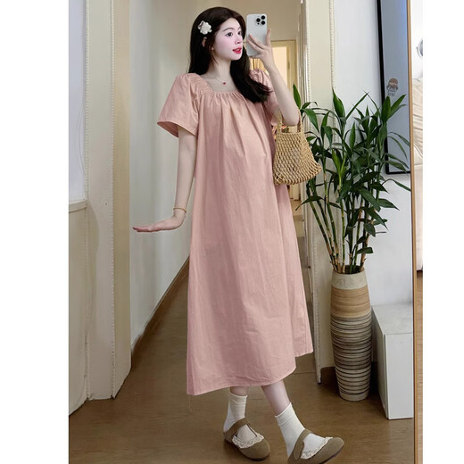 Yezhi maternity dress summer 2025 new sweet square collar maternity dress loose large size women's clothing one-shoulder maternity dress [pink] L size