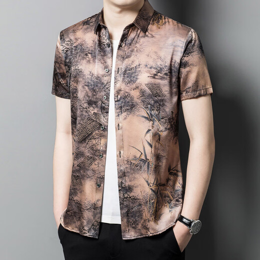 Kazuki Kuraishi Silk haut de gamme à manches courtes pour hommes Mulberry Silk Silk pour les vacances décontractées de style chinois mince à mi-manche blanche (encre bambou Qing) xl 180