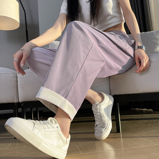 浅紫色冰丝哈伦裤子女2025新款夏季薄款冰丝裤大码显瘦休闲直筒裤 深灰九分 2XL 码 建议130-145斤