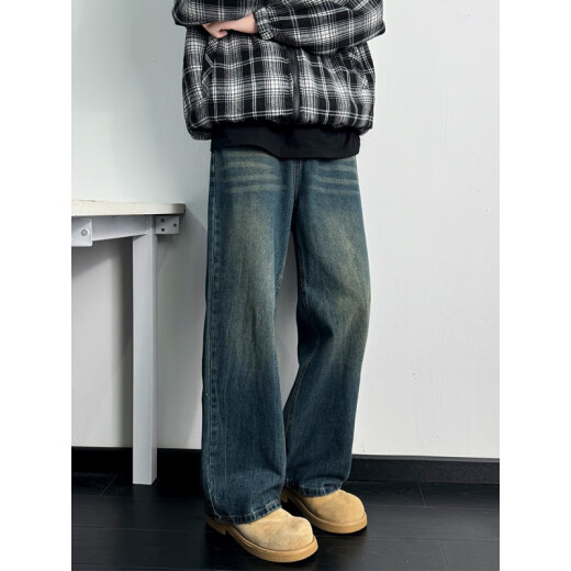 
ZENGZHI Retro Blue Wide Leg Jeans Men's Spring New Loose Straight Pants 2025 American High Street Vibe Casual Pants Black Gradient 1049 M