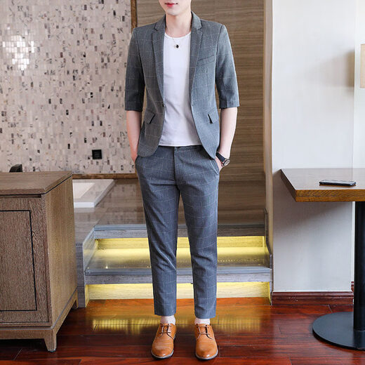 Heyu summer suit casual thin mid-sleeved plaid small suit men Korean style slim green men's seven-quarter sleeve jacket T9926-Grey M [90-105Jin[Jin equals 0.5 kg]]