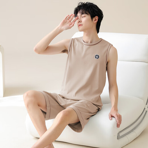 Cat man pur coton pyjamas masculin mince houllon respirant sans manches pull gilet short masculin de vêtements de maison décontractés en coton 13658 Couleur de café léger [100% coton absorbant et respirant] l [suggéré 100-120jin [Jin est égal à 0,5 kg]]]]