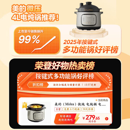 Midea electric stew pot, electric casserole, special micro-pressure stew pot, soup, porridge, purple pottery food supplement, 4L pottery kettle inner pot, multi-function electric pot DGC4050