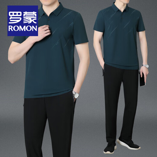 
ROMON dad's summer ice silk short-sleeved T-shirt for men middle-aged and elderly sports suit Father's Day summer elastic quick-drying clothes [9209 models] khaki/short-sleeved + trousers L