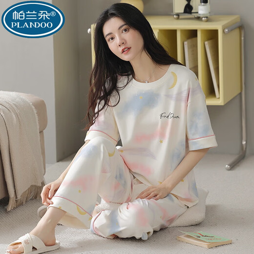 Palando 100 Xinjiang Cotton Pajamas Pantalons à manches courtes pour femmes Version coréenne d'été Suisse de cou rond pour femmes mince coton à l'extérieur Portez la maison RN9711 # pantalon à manches courtes pur coton M (80-100jin [Jin est égal à 0,5 kg]))