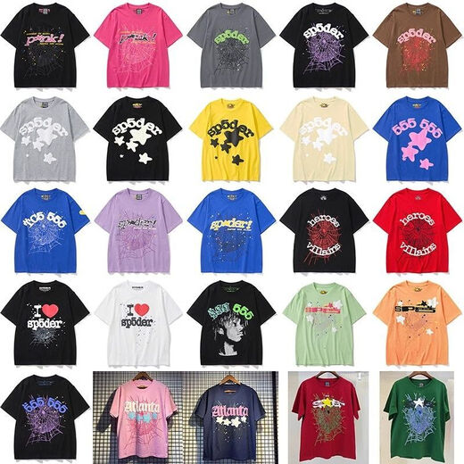 WVGA American Fashion Brand YoungThug Same Sp5der Foam Printing High Street Trendy Loose Camiseta de manga corta Men 6218 Black S Altura 160-170