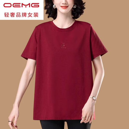OEMG加肥加大码纯棉短袖t恤女士2025新款夏季宽松中老年妈妈红色t恤衫 白色【KSP-9896款】 L 适合100-115斤