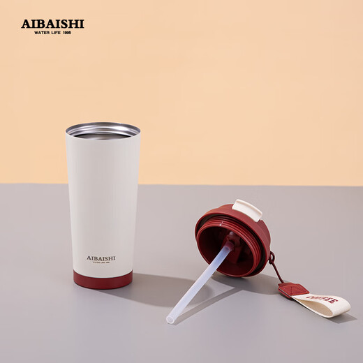 爱佰适（AIBAISHI）简尚咖啡保温杯ABS-A826简约咖啡杯500ml手提吸管杯不锈钢大口杯 黑盖+白色 500ml
