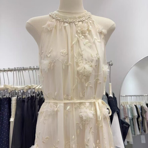 Tina Misu 2025 summer A-line version princess sleeveless suspender skirt vacation style spliced ​​long dress 9901# beige white, single size