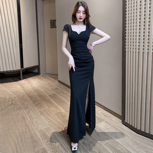 京芽技师工作服性感连衣裙夜总店足疗足浴养生会所气质晚礼服长裙 3882黑色 3XL 140斤左右穿
