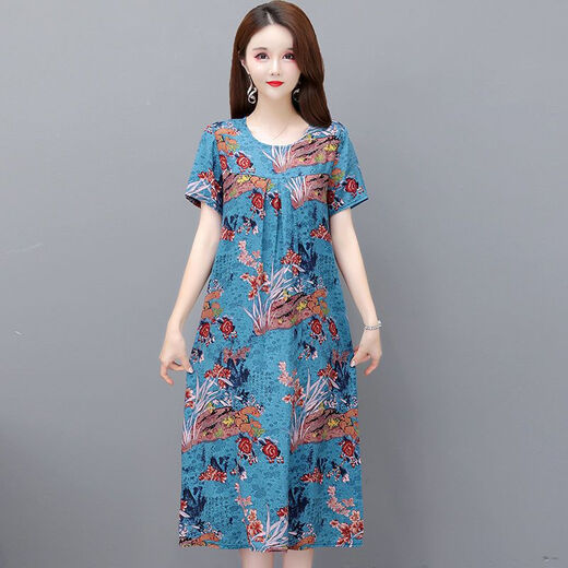 Hanqing Zhongsu Summer Floral Cotton Silk Robe Fomen in Women's Summer Round Coul Round Style Co dans la mode de grande taille de grande taille du tempérament d'âge moyen 9923 Modèle n ° 3 XL (Recommandé 90jin [Jin est égal à 0,5 kg] -120jin [Jin est égal à 0,5 kg]))