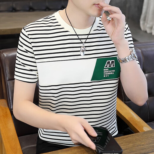 梦特娇（MONTAGUT）断码夏季条纹短袖恤男士新款潮流修身冰丝棉半袖男装夏天上衣服 9898黑色 M