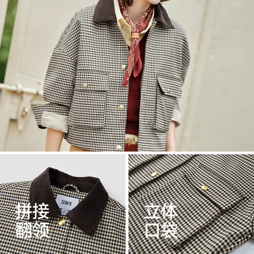 森马（Semir）外套女短款拼接灯芯绒翻领潮流宽松秋季落肩格纹夹克101524108021