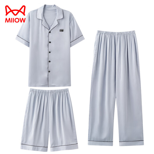 
Catman (MiiOW) summer men's three-piece pajamas ice silk short-sleeved trousers imitation silk 2025 new home clothing men's summer 14906+K15906 L